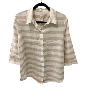 Chico’s No-Iron tan and white striped linen button down blouse coastal beachy